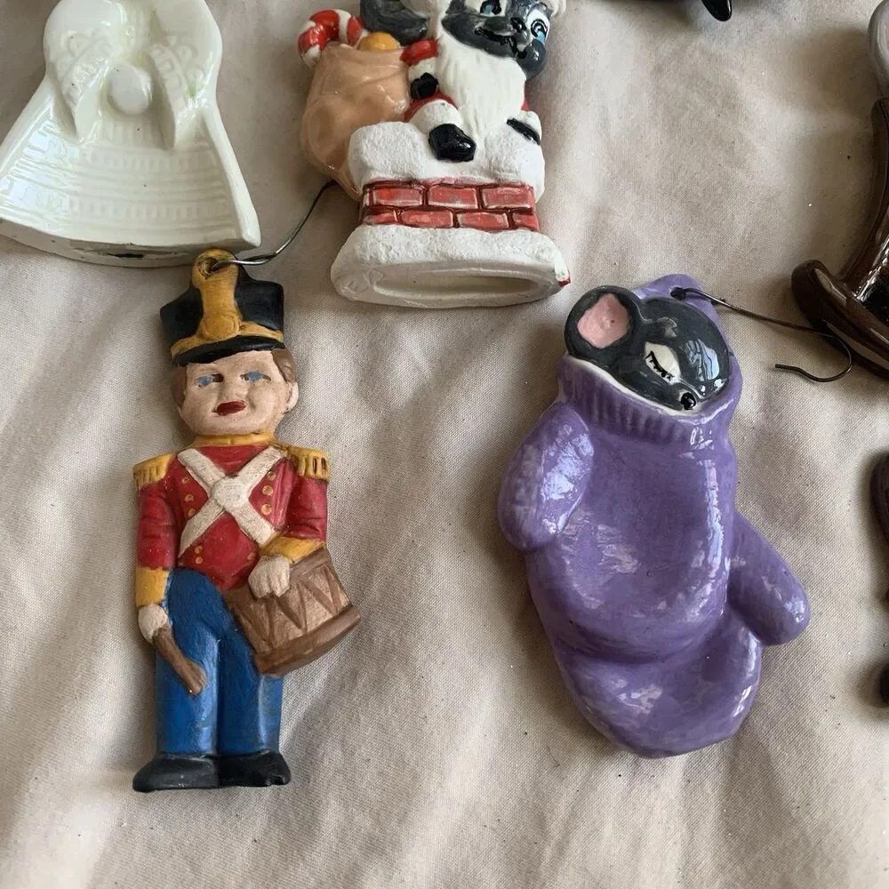 Vintage Lot Ceramic Christmas Ornaments, Horse, Mouse, Nutcracker, 9 Pcs, 3”